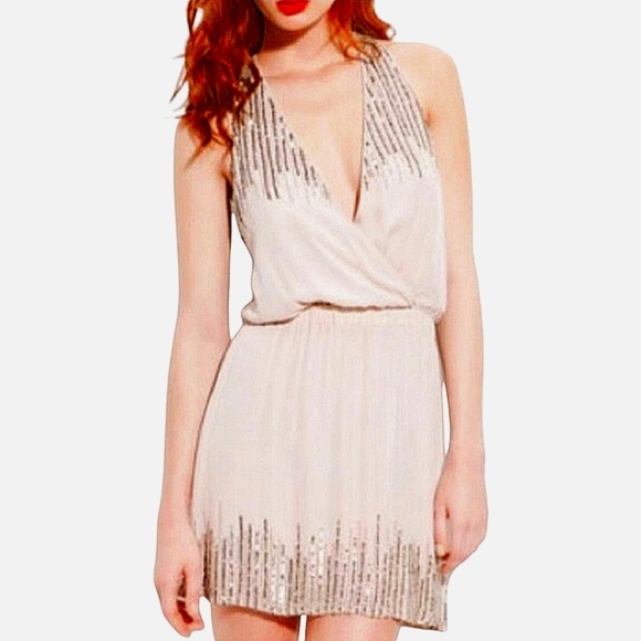 Parker 100% Silk Sleeveless Gold Sequin Fully Lined Mini Dress Nude L - Picture 1 of 15